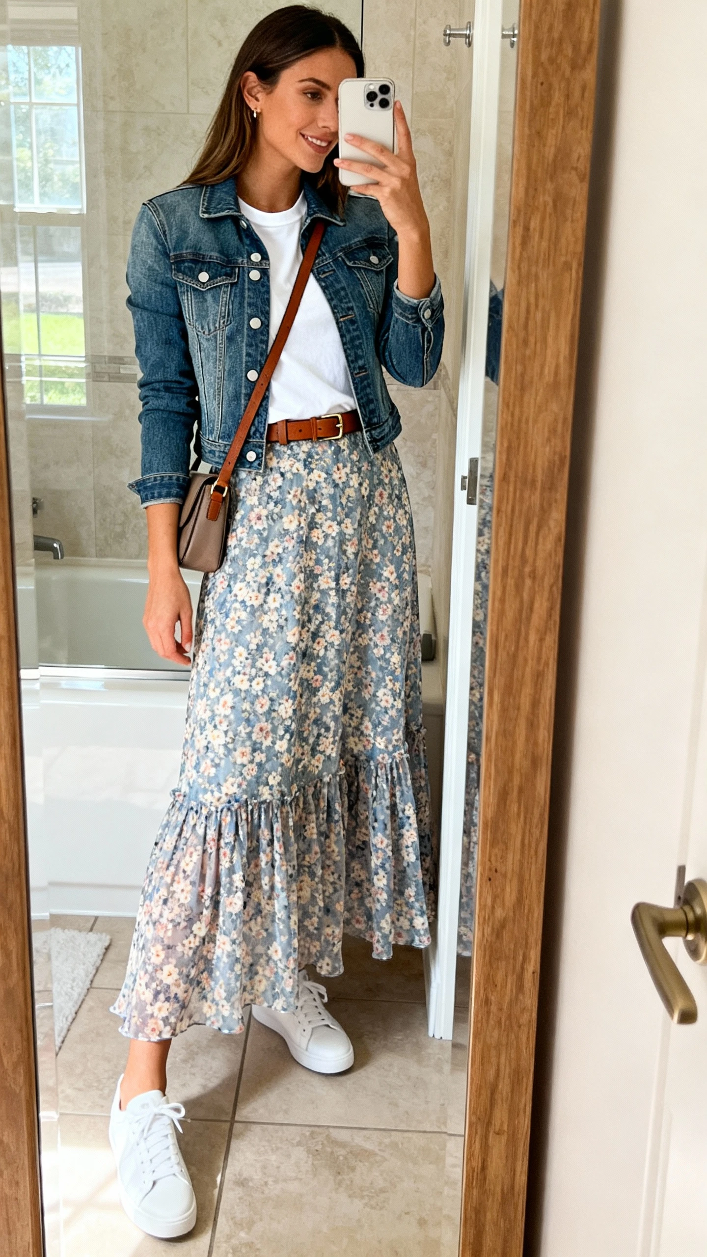 iPhone side-angle mirror selfie of a woman in a flowy floral chiffon maxi skirt, mid-wash fitted denim jacket, white crewneck tee, clean white sneakers, slim leather belt, and a crossbody bag, face not visible, bathroom full-length mirror, indoor natural light, iPhone photo quality.