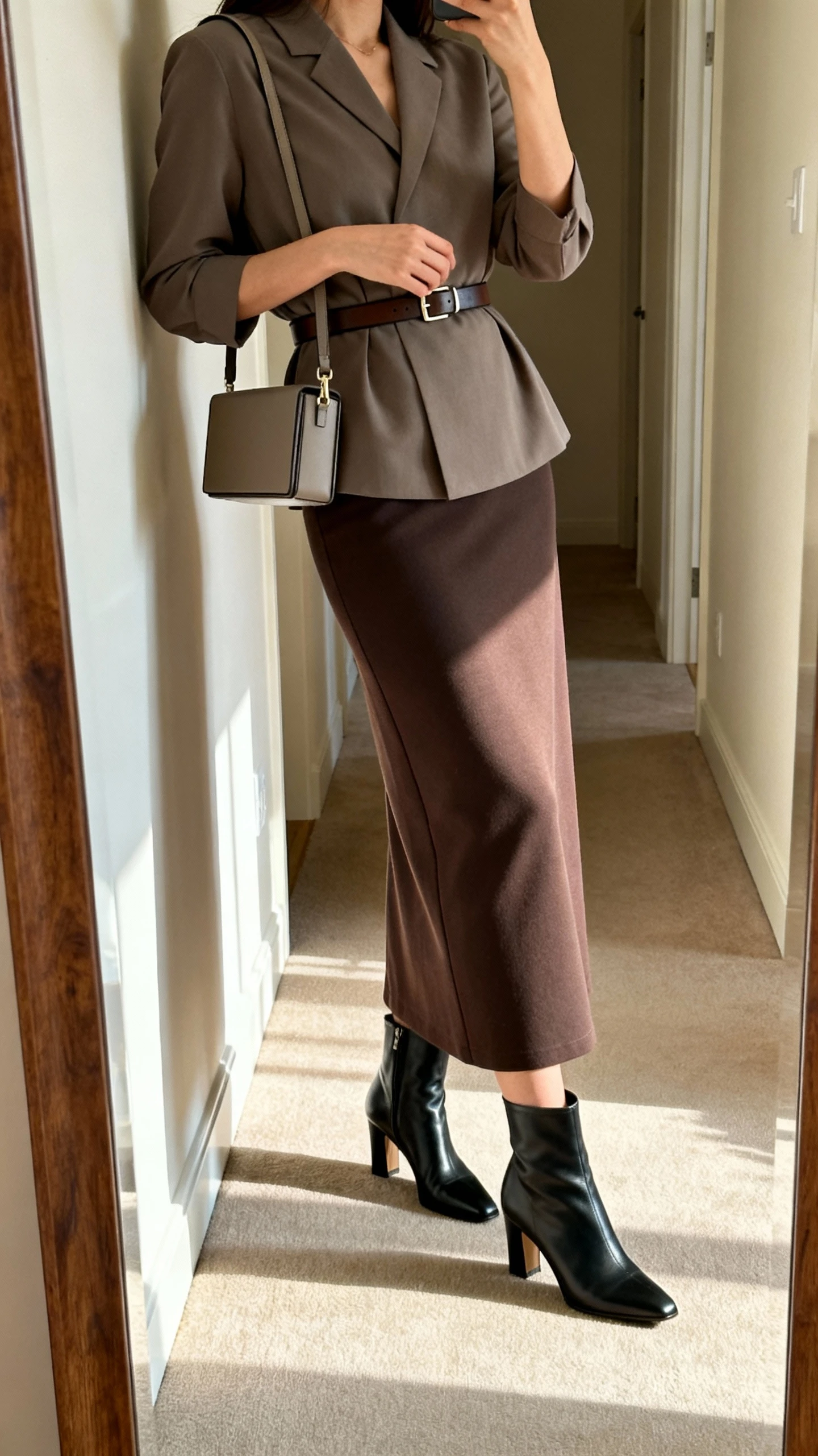 iPhone side-angle mirror selfie of a woman wearing a tailored belted top with a maxi column skirt, sleek heeled ankle boots, a narrow waist belt, and a small boxy shoulder bag, face not visible, cropped at shoulders, full-length mirror in hallway, morning indoor light, iPhone photo quality.