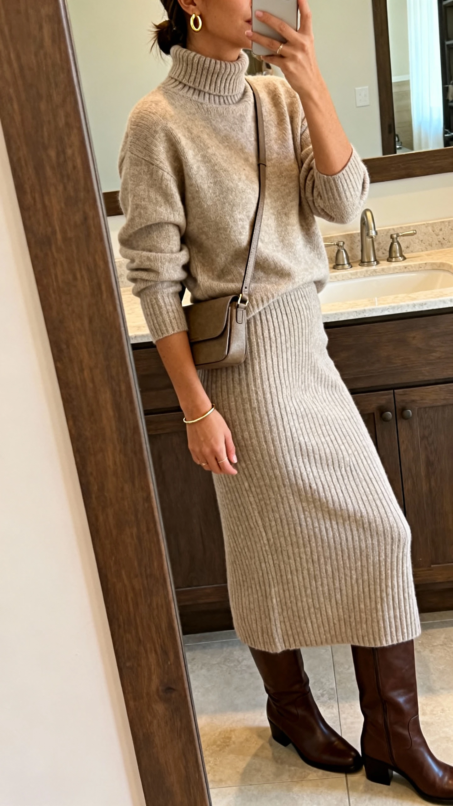 iPhone side-angle mirror selfie of a woman wearing a matching rib-knit midi skirt and mock-neck knit top, tall leather boots, simple gold hoop earrings, thin bracelet, and a structured crossbody; face not visible, bathroom mirror, warm indoor lighting, iPhone photo quality.