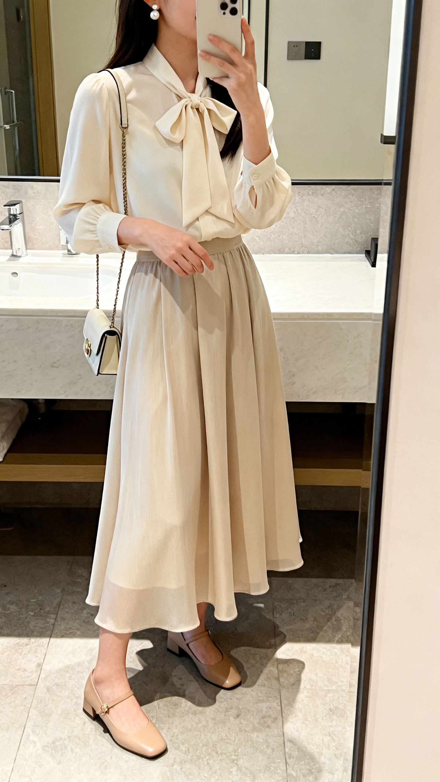 iPhone side-angle mirror selfie of a woman wearing a bow-tie neck blouse with a flowing A-line midi skirt, low slingback heels, a small crossbody bag, and pearl stud earrings, face not visible, bathroom mirror, soft indoor lighting, iPhone photo quality.