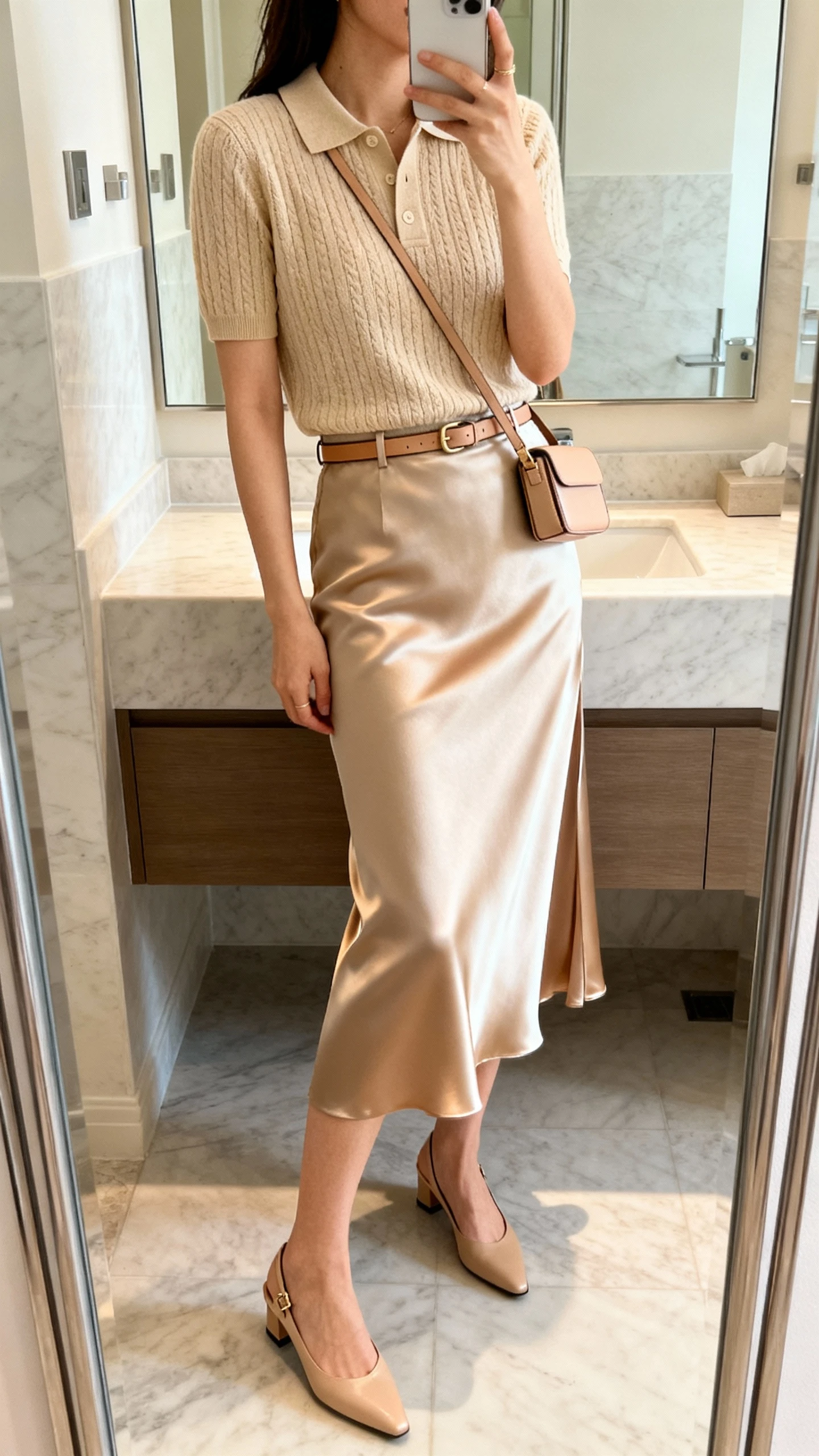 iPhone side-angle mirror selfie of a woman wearing a sand knit polo with a bias-cut satin midi skirt, low slingback heels, a thin tonal leather belt, and a compact crossbody; face not visible, bathroom mirror, soft indoor lighting, iPhone photo quality.