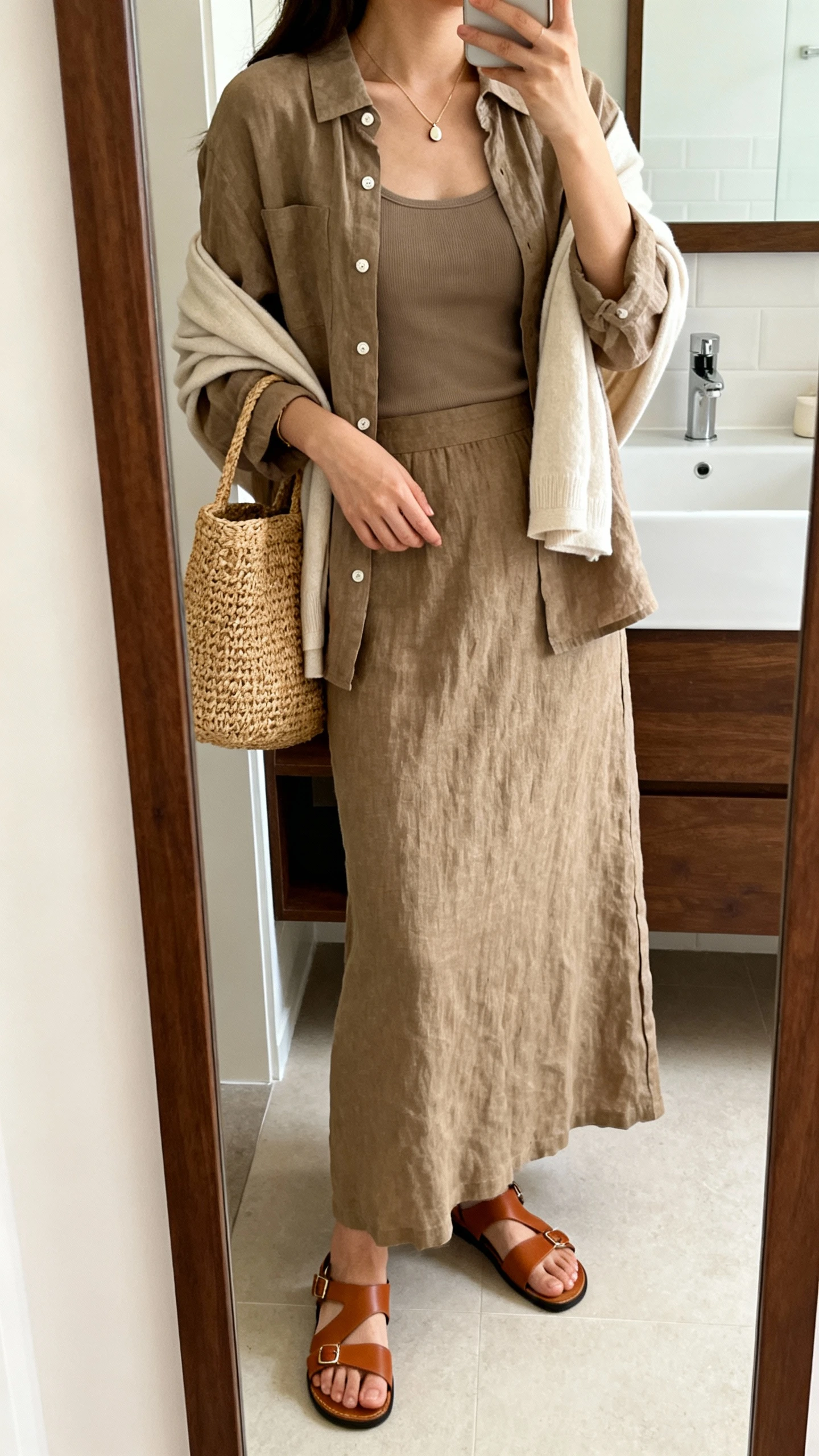 iPhone side-angle mirror selfie of a woman wearing a linen maxi skirt, relaxed linen button-up layered over a fitted tank, tan leather sandals, straw tote, minimal pendant necklace, and a light cardigan draped over shoulders in earthy neutrals, face not visible, bathroom full-length mirror, soft indoor lighting, iPhone photo quality.