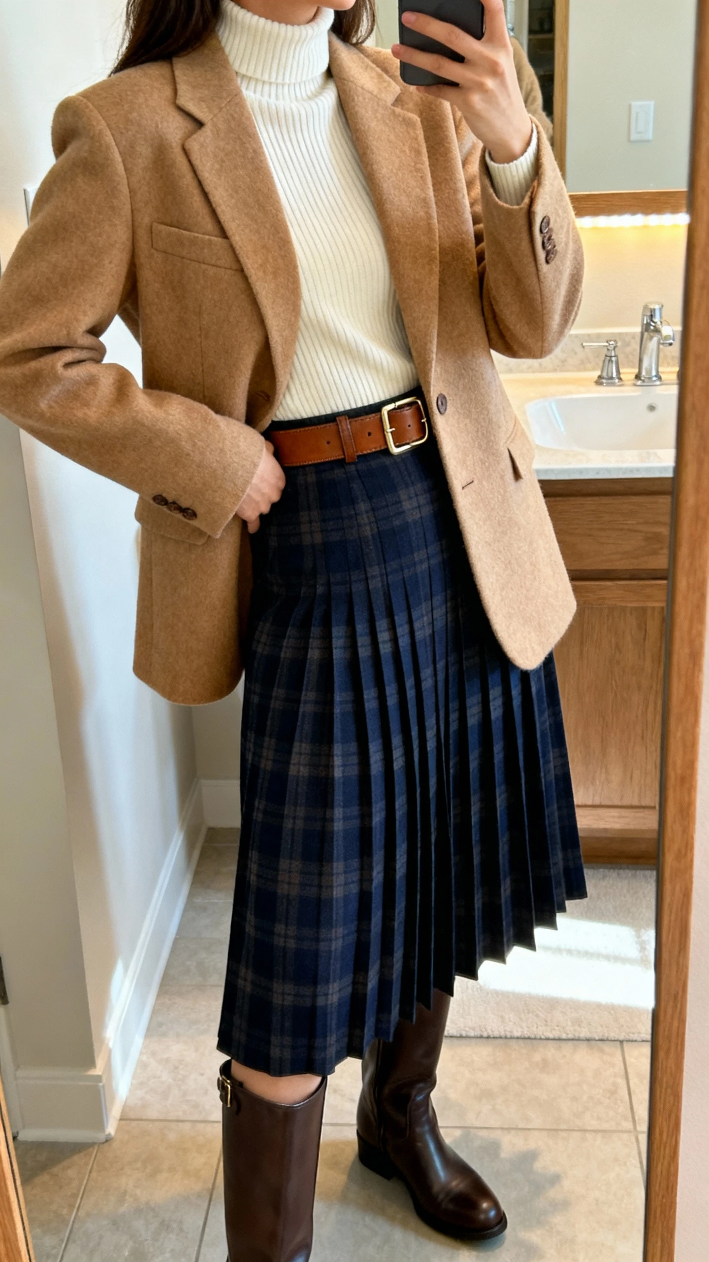 iPhone side-angle mirror selfie of a woman wearing a navy plaid pleated midi skirt, a cream fine-gauge mock neck, knee-high riding boots, a camel wool blazer, and a medium-width leather belt defining the waist, face not visible, bathroom mirror, indoor lighting, iPhone photo quality.