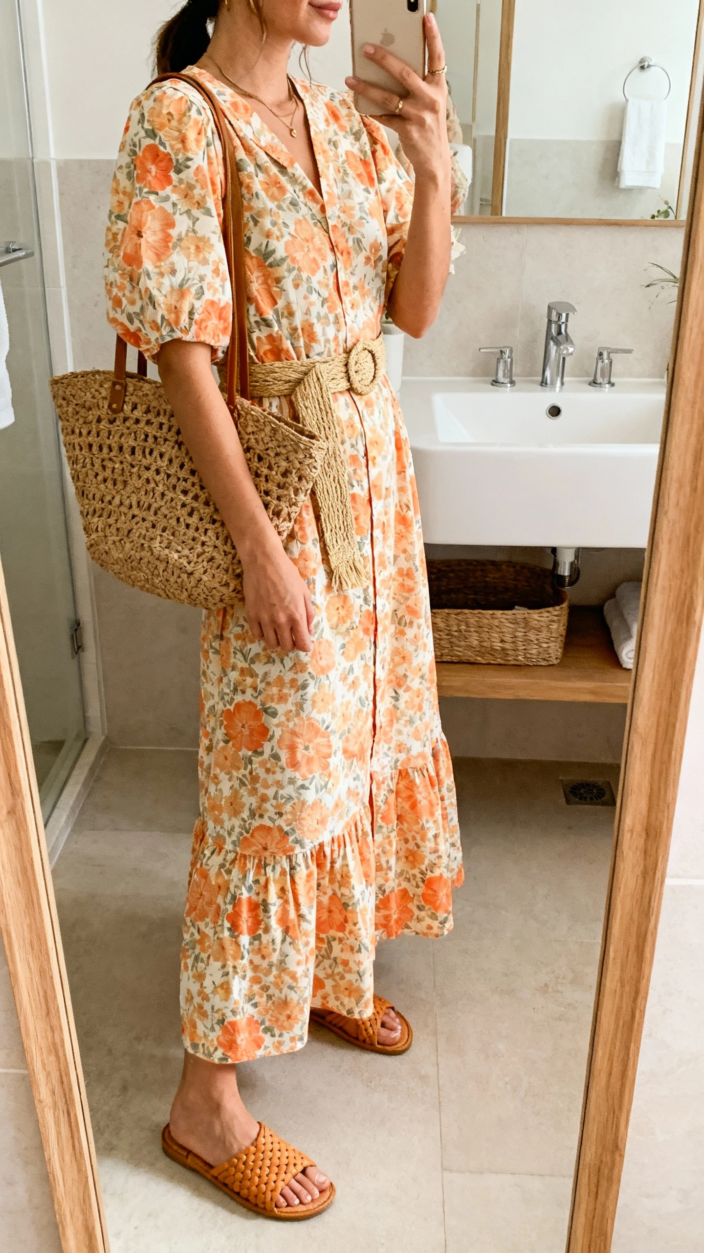 iPhone side-angle mirror selfie of a woman wearing a citrus-toned floral cotton maxi dress styled with a woven straw tote, raffia belt, and tan woven sandals, face not visible, bathroom full-length mirror, morning light, iPhone photo quality.