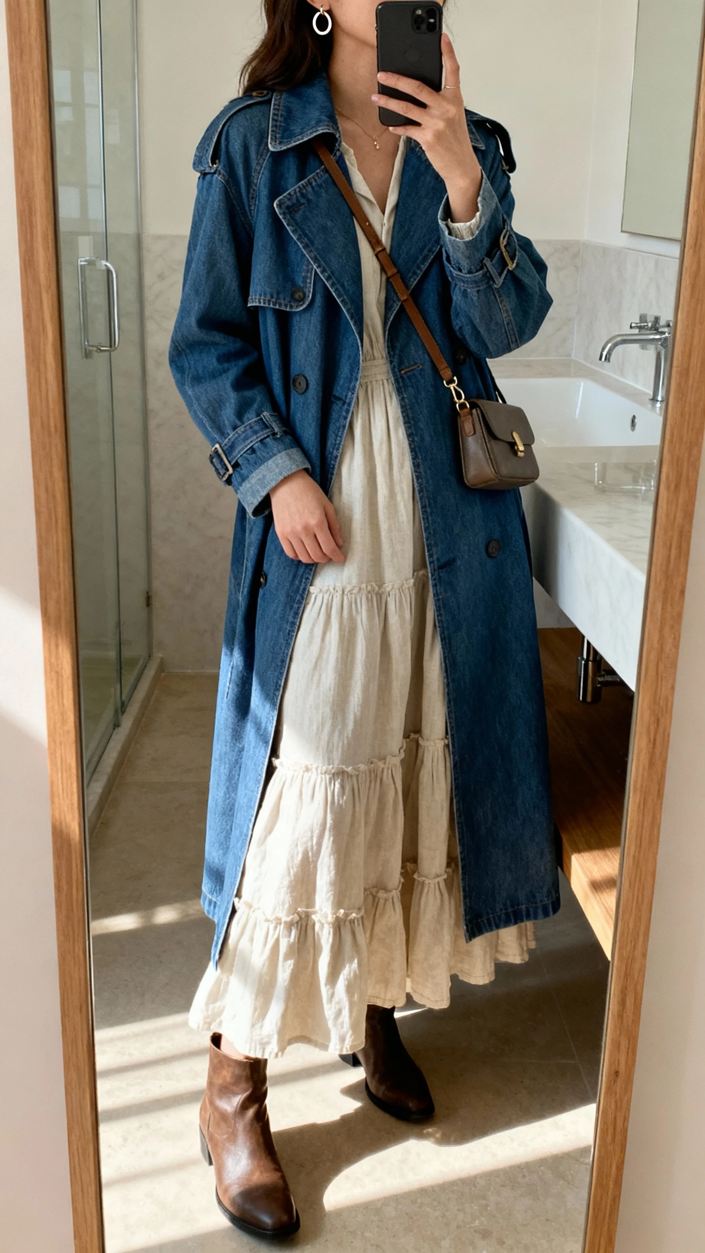 iPhone side-angle mirror selfie of a woman wearing a long denim trench coat over a tiered cotton maxi dress with ankle boots, small crossbody bag and delicate hoop earrings, face not visible, bathroom full-length mirror, indoor daylight, iPhone photo quality