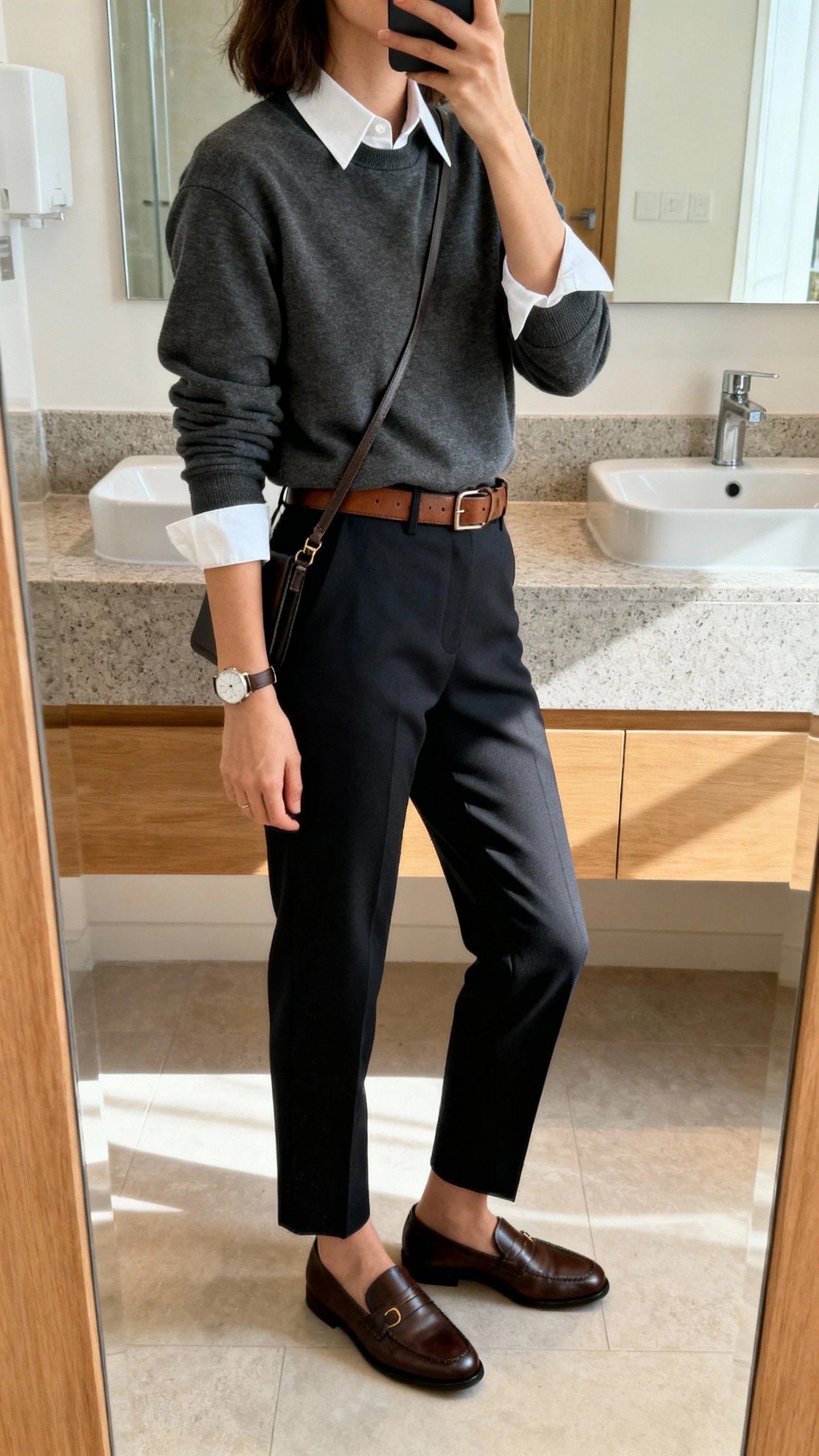iPhone side-angle mirror selfie of a woman wearing a crewneck layered over a crisp collared shirt, tailored trousers, leather belt, classic loafers, minimal watch, and a slim crossbody; face not visible, bathroom mirror, morning indoor lighting, iPhone photo quality.