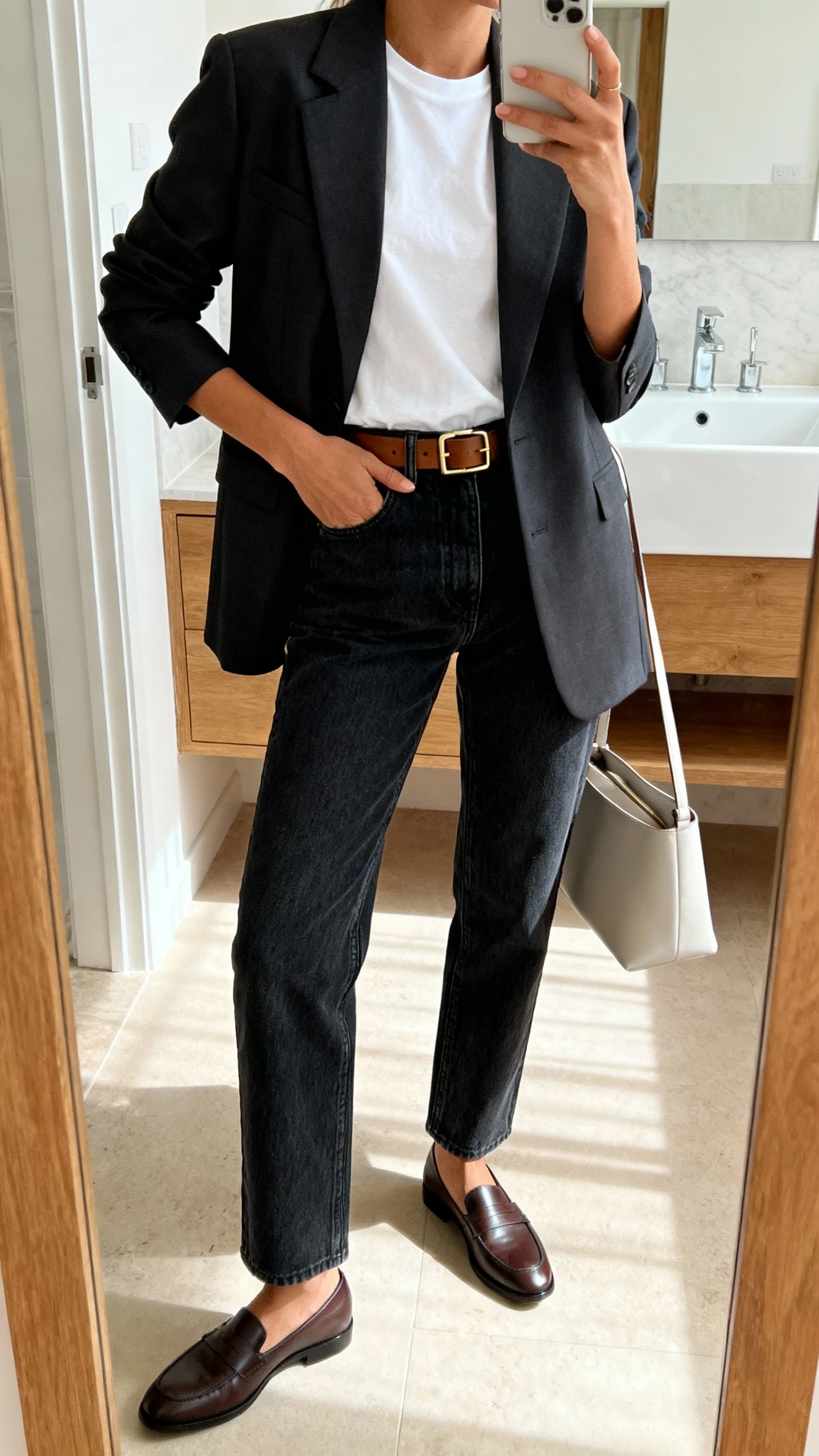 iPhone side-angle mirror selfie of a woman wearing elevated denim (dark straight-leg jeans), a tailored blazer, crisp white tee, classic loafers, slim leather belt, and a minimal tote, face not visible, bathroom full-length mirror, indoor daylight, iPhone photo quality.