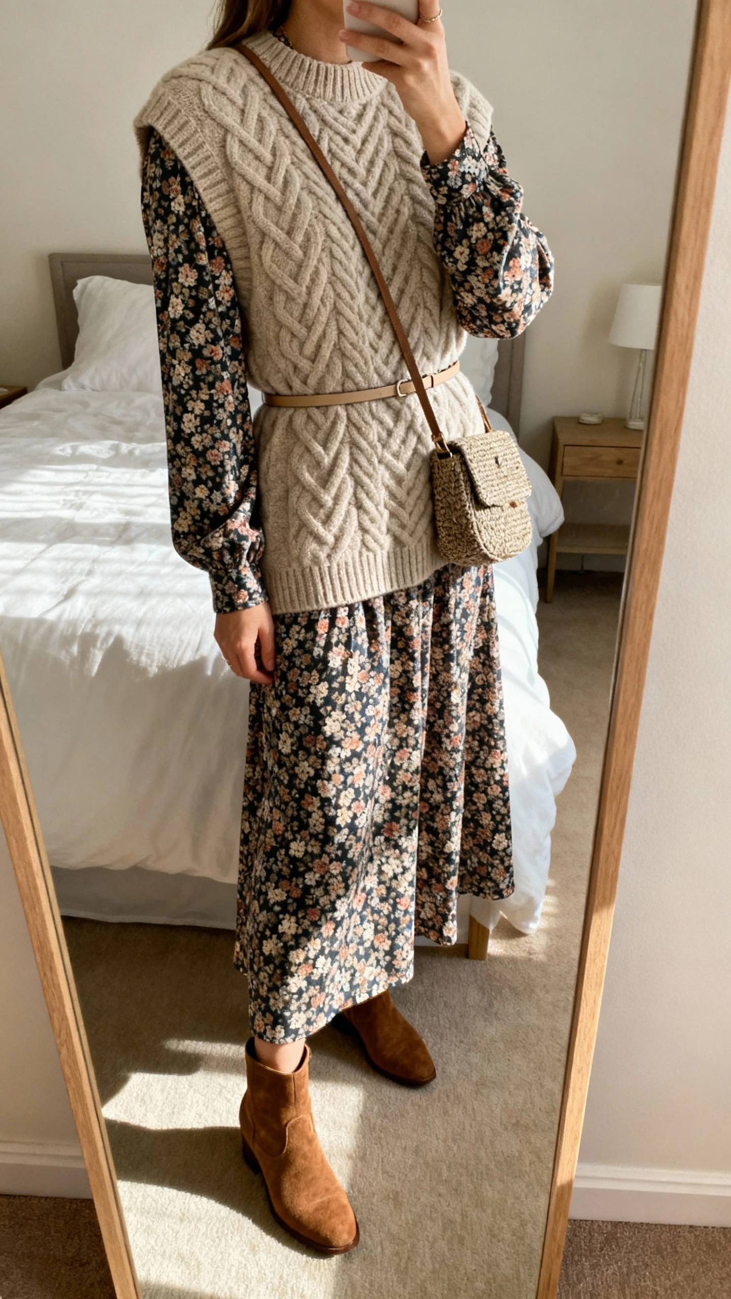 iPhone side-angle mirror selfie of a woman wearing a chunky cable-knit crewneck in oatmeal over a long-sleeve floral maxi dress with a modest neckline, suede ankle boots, an optional thin waist belt, and a textured crossbody bag; face not visible, cropped at shoulders, warm morning light in a bedroom, iPhone photo quality.