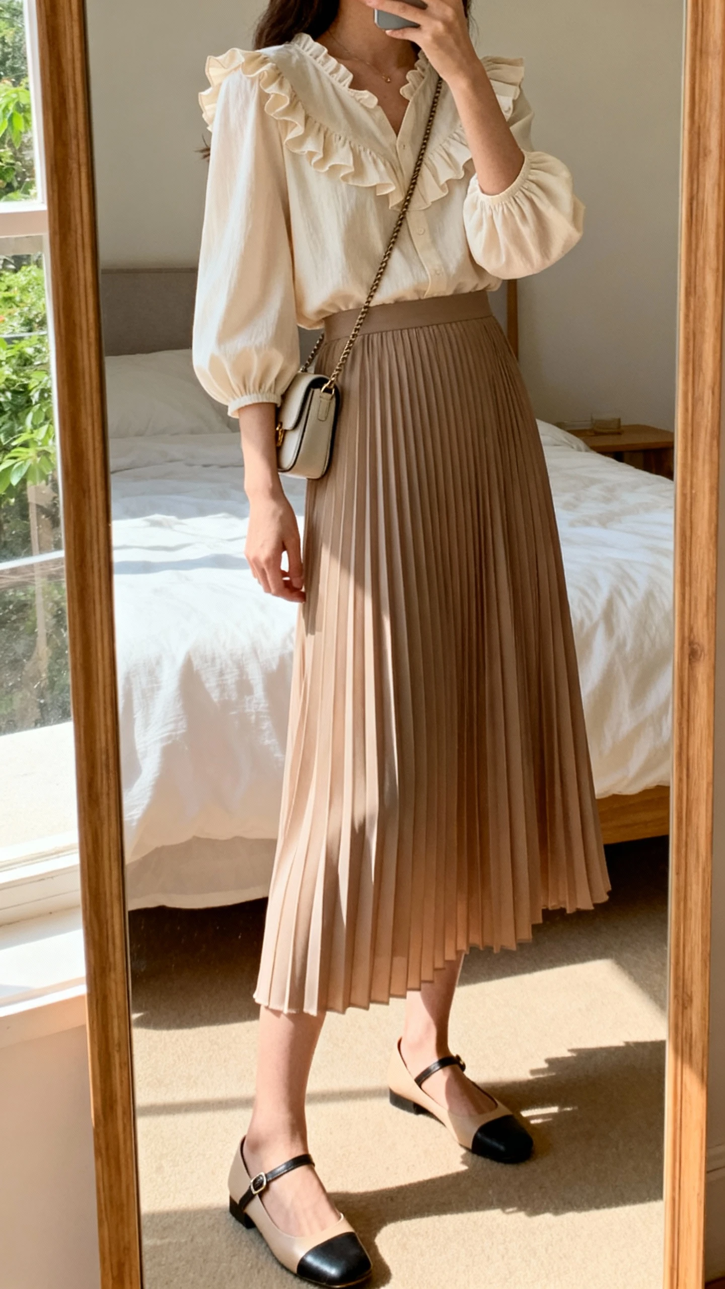 iPhone side-angle mirror selfie of a woman wearing a romantic pleated midi skirt with a feminine blouse (soft ruffles and slight puff sleeves), ankle-strap flats, small crossbody bag, face not visible, cropped at shoulders, bedroom mirror with natural daylight, iPhone photo quality.