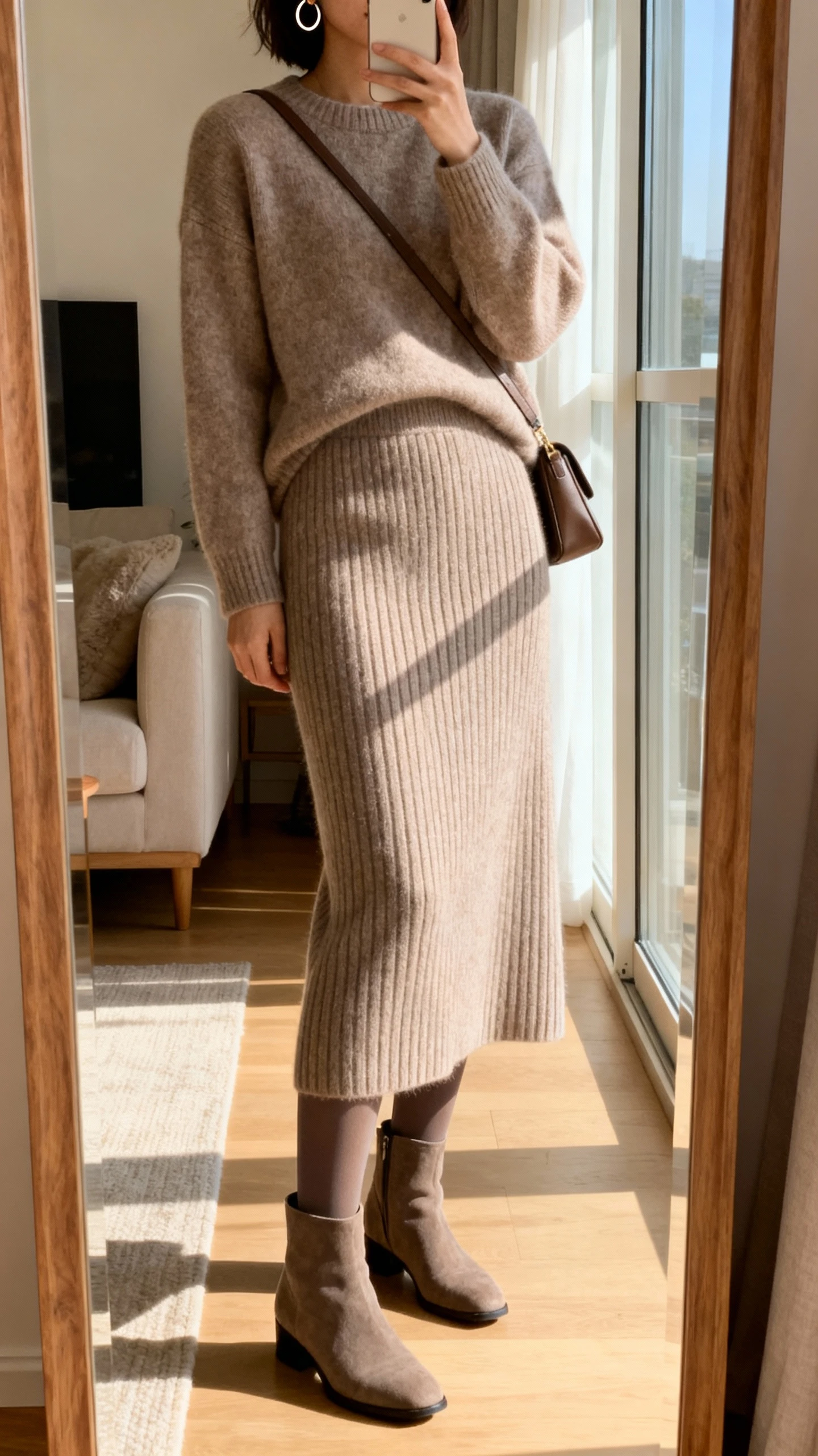 iPhone side-angle mirror selfie of a woman wearing a matching knit skirt set (midi ribbed skirt and coordinating knit sweater), opaque tights, ankle boots, minimal hoop earrings, crossbody bag, face not visible, cropped at shoulders, cozy living-room mirror, afternoon window light, iPhone photo quality