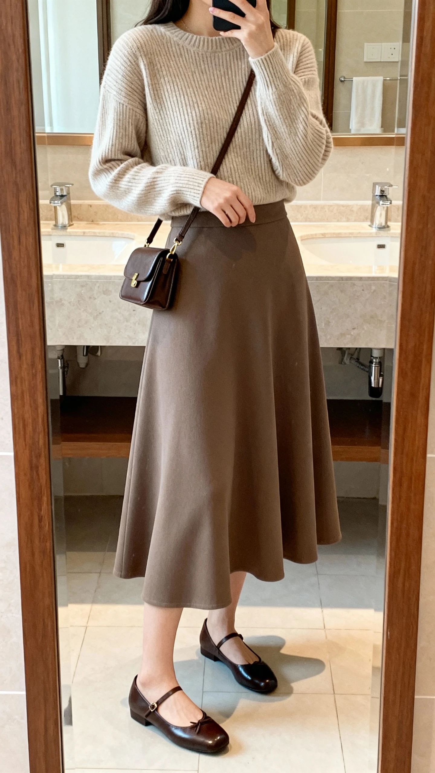 iPhone side-angle mirror selfie of a woman wearing a graceful A-line midi skirt with a cozy fine-gauge knit sweater tucked in, polished ballet flats, and a small structured crossbody, face not visible, cropped at shoulders, bathroom mirror, soft indoor lighting, iPhone photo quality