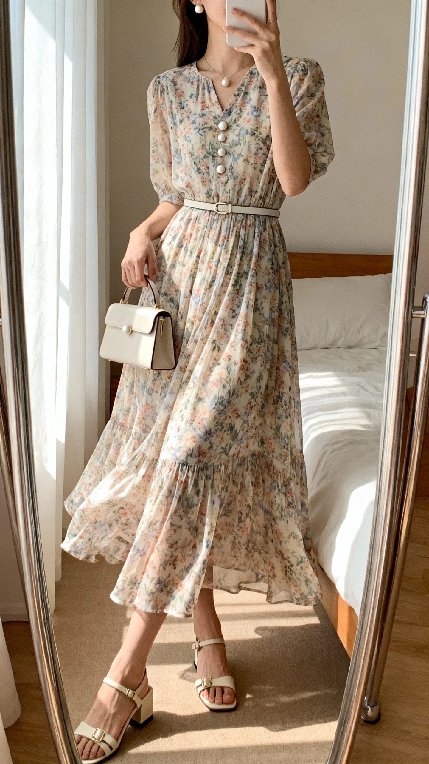 iPhone side-angle mirror selfie of a woman wearing a flowing floral midi dress with a modest neckline and sleeves, classic pearl studs, thin waist belt, low block-heel sandals, and a small structured handbag, face not visible, bedroom mirror, soft afternoon window light, iPhone photo quality.