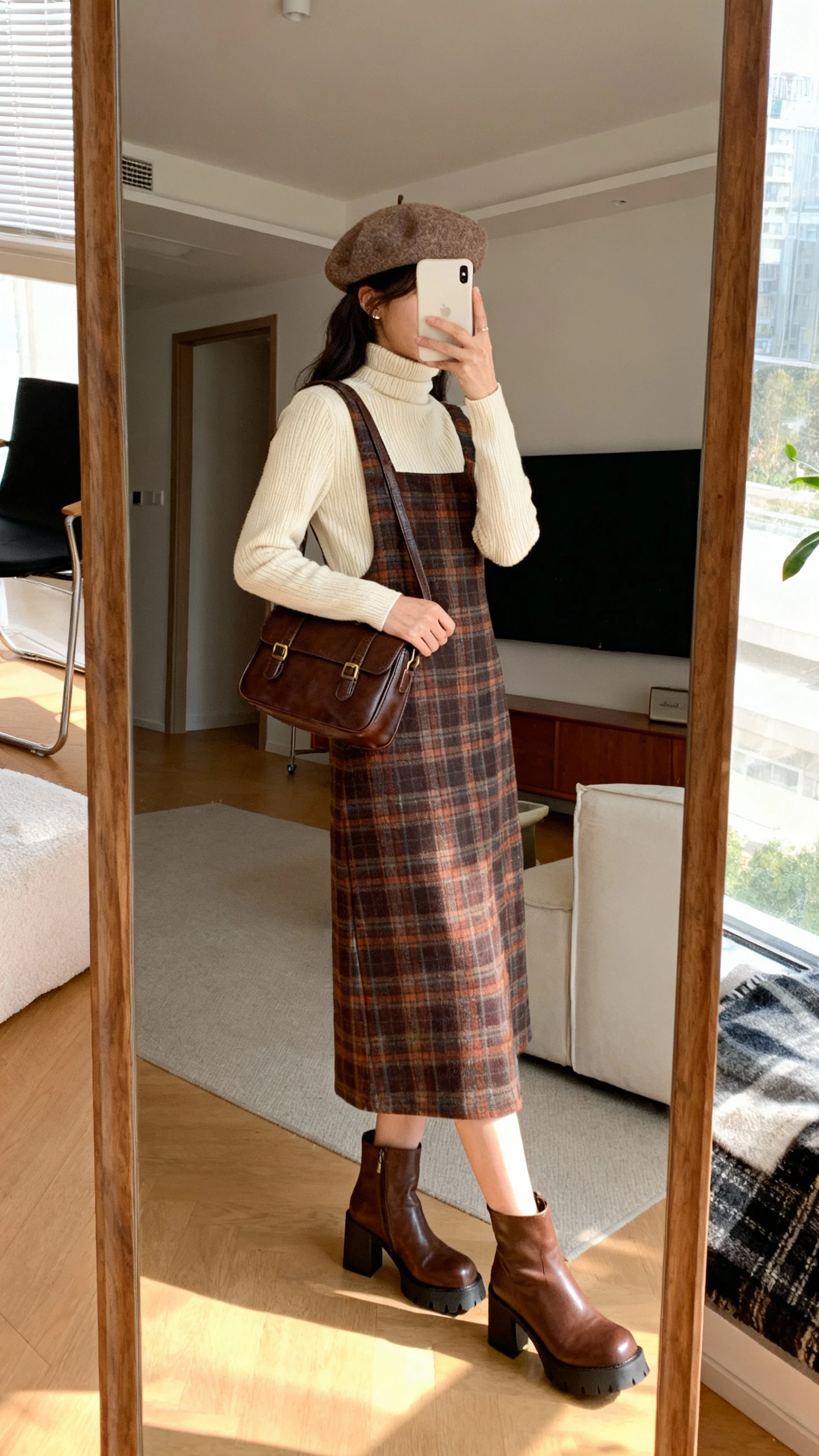 iPhone side-angle mirror selfie of a woman wearing a below-knee tartan jumper dress with wide straps, cream fine knit turtleneck, chestnut stacked-heel ankle boots, a coordinating wool beret, and a leather satchel; face not visible, living room mirror, natural morning light, iPhone photo quality.