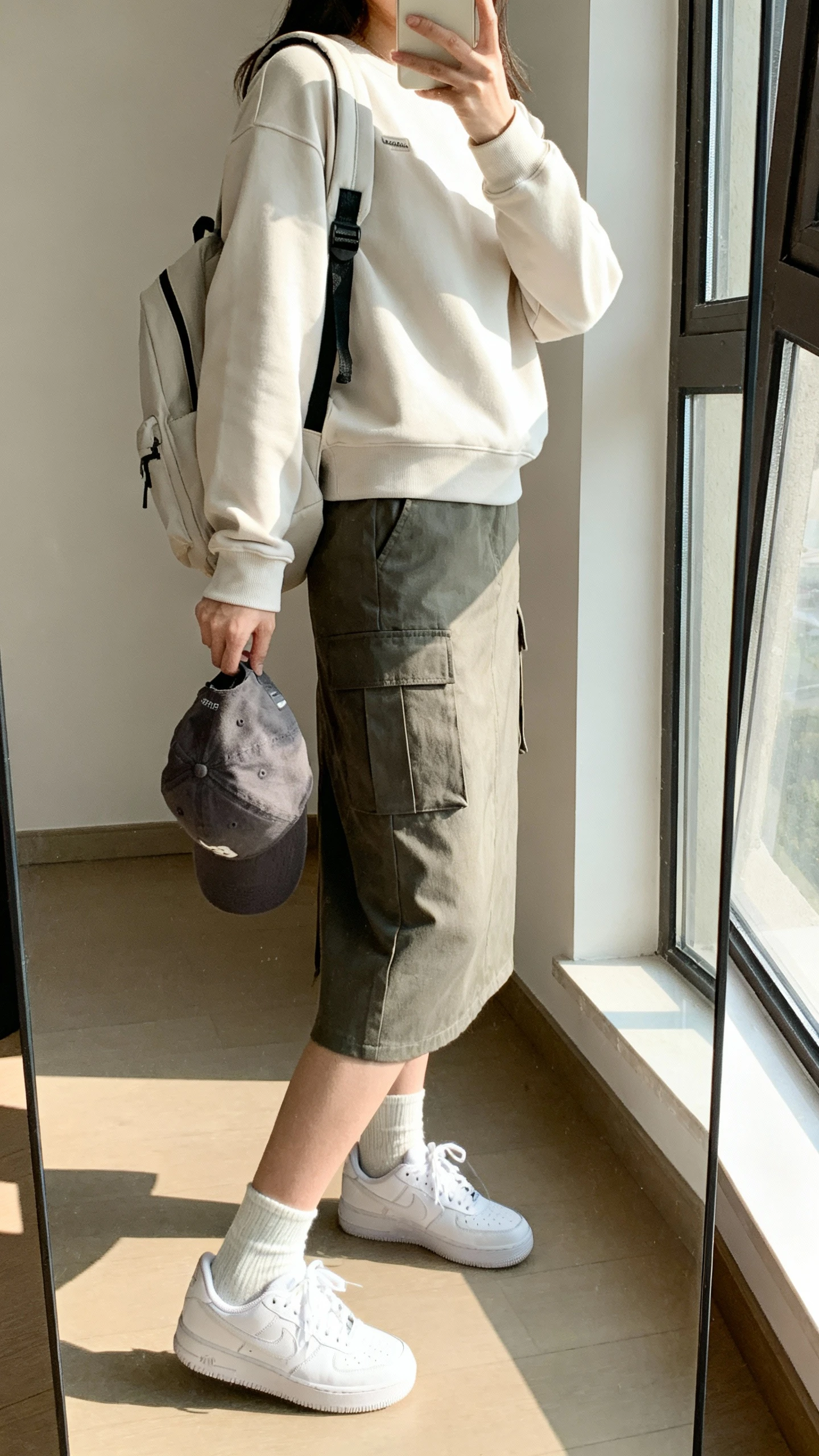 iPhone side-angle mirror selfie of a woman wearing a utility cargo skirt with a clean crewneck, classic white sneakers, baseball cap tucked in hand, ankle socks, and a minimal backpack; face not visible, full-length mirror near window, bright natural light, iPhone photo quality.
