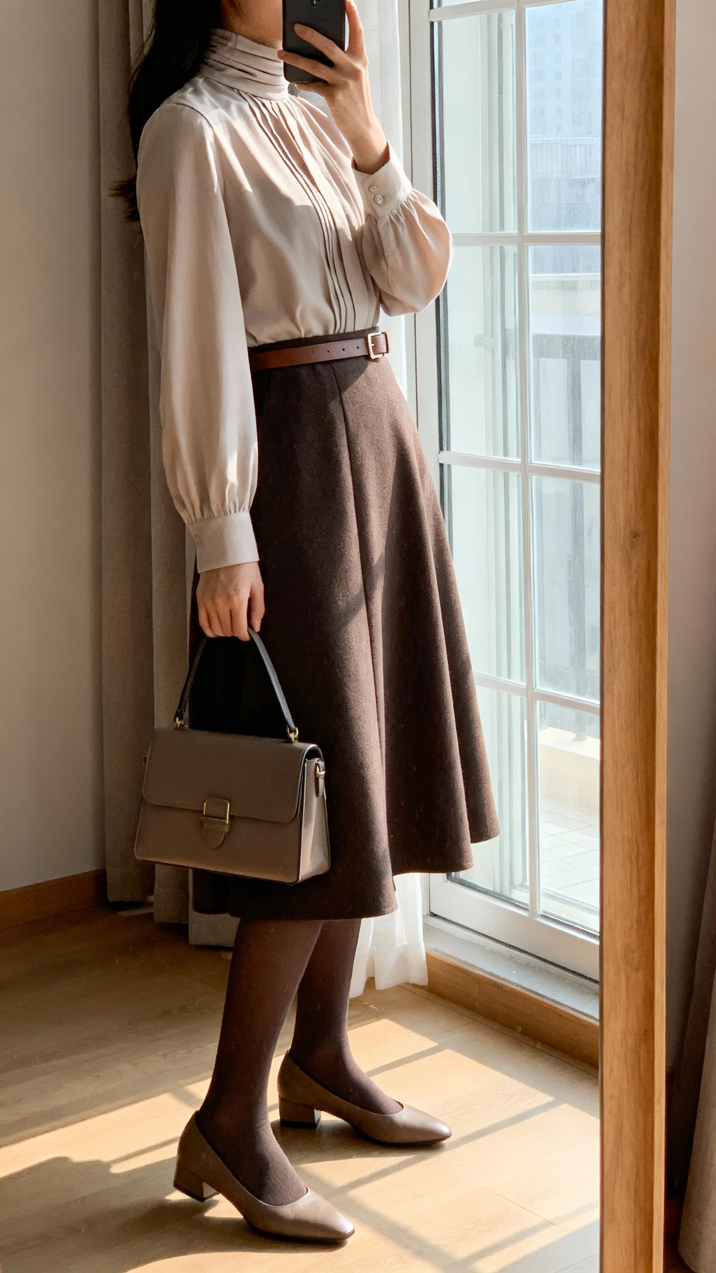 iPhone side-angle selfie of a woman layering a high-neck blouse under a midi dress, with tights, low heels, a slim belt, and a structured satchel, face not visible, full-length mirror by window, soft morning light, iPhone photo quality.