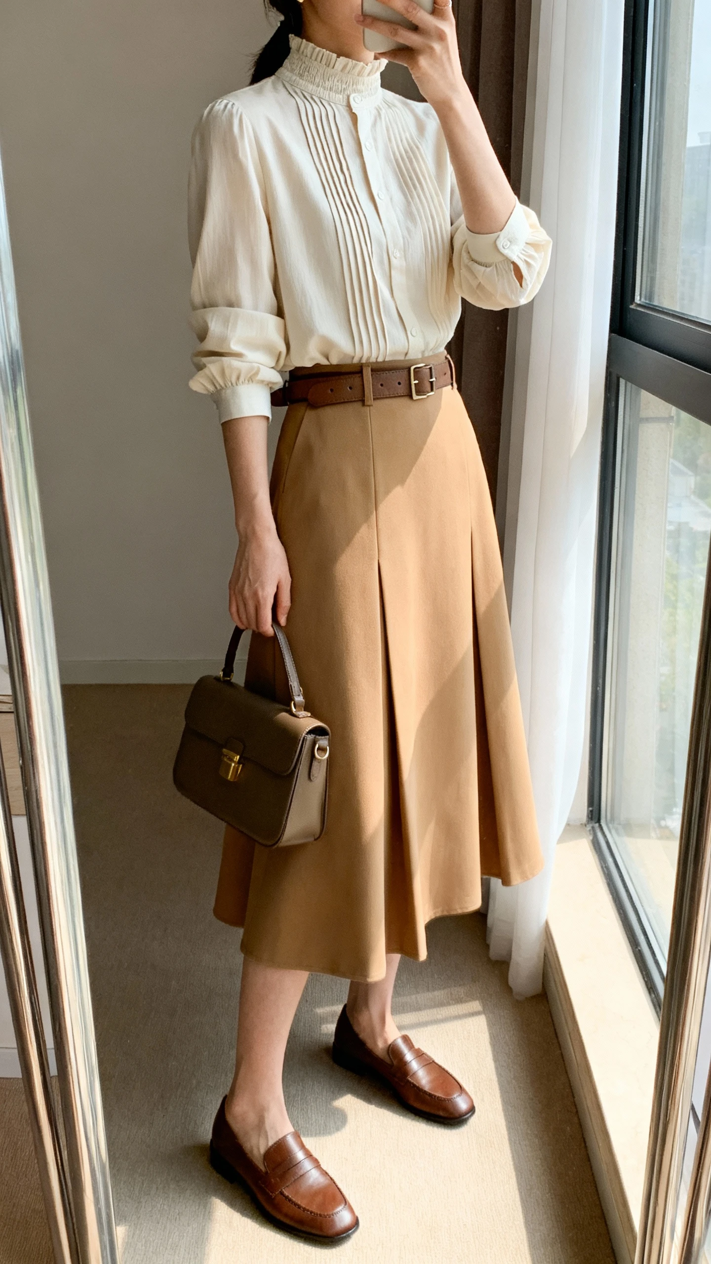 iPhone side-view mirror selfie of a woman wearing a heritage-inspired high-neck blouse with subtle pintuck panels and cuffed sleeves, styled with a tan midi skirt that has shirtdress structure (belted waist, soft flare) but no buttons, brown loafers, and a structured satchel, face not visible, natural indoor light by window, iPhone photo quality