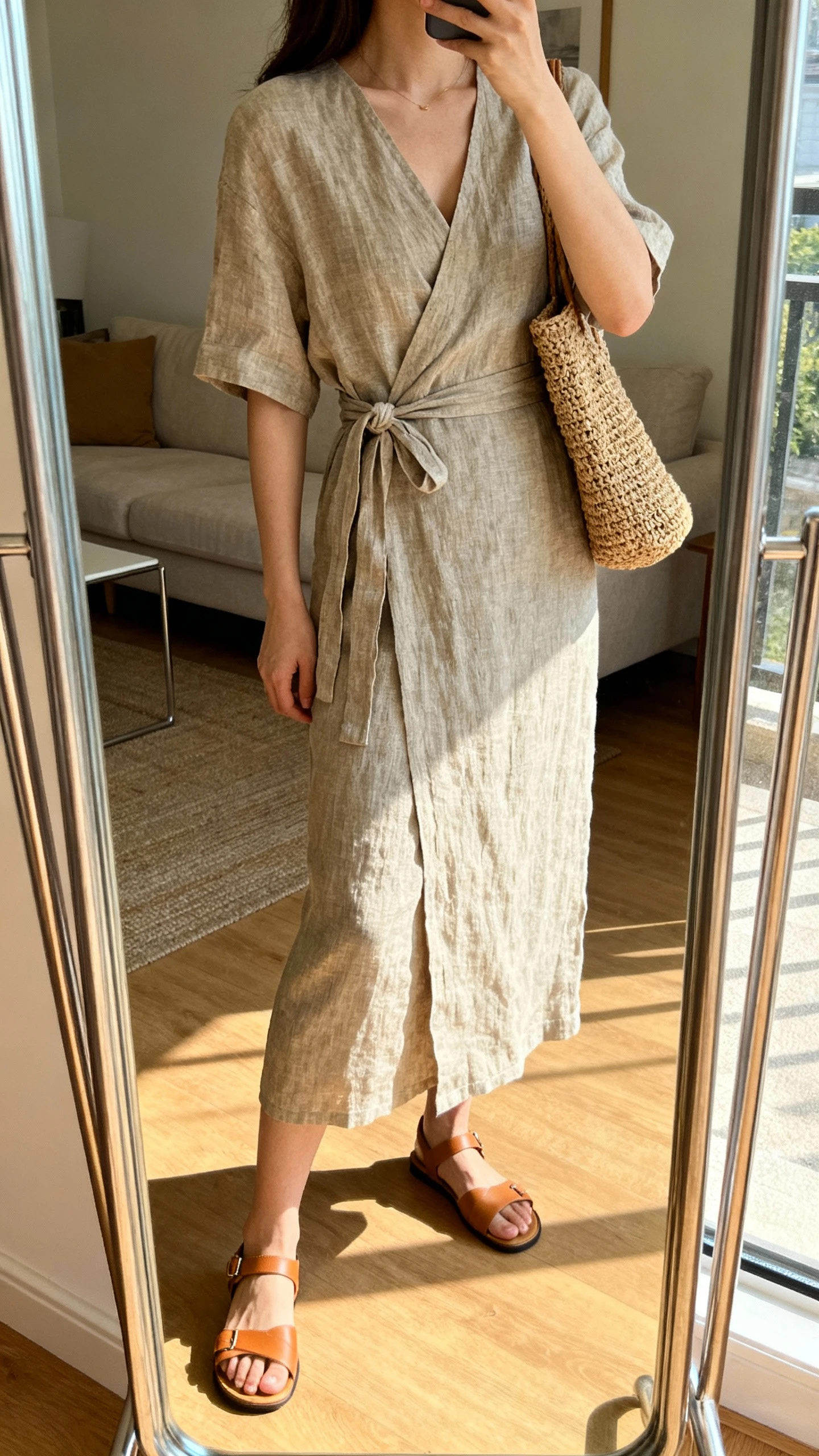 iPhone side-view mirror selfie of a woman wearing a linen-blend wrap dress with a midi length, secure tie at the waist, and modest V neckline, paired with tan sandals and a woven tote, face not visible, living room full-length mirror, warm afternoon indoor light, iPhone photo quality