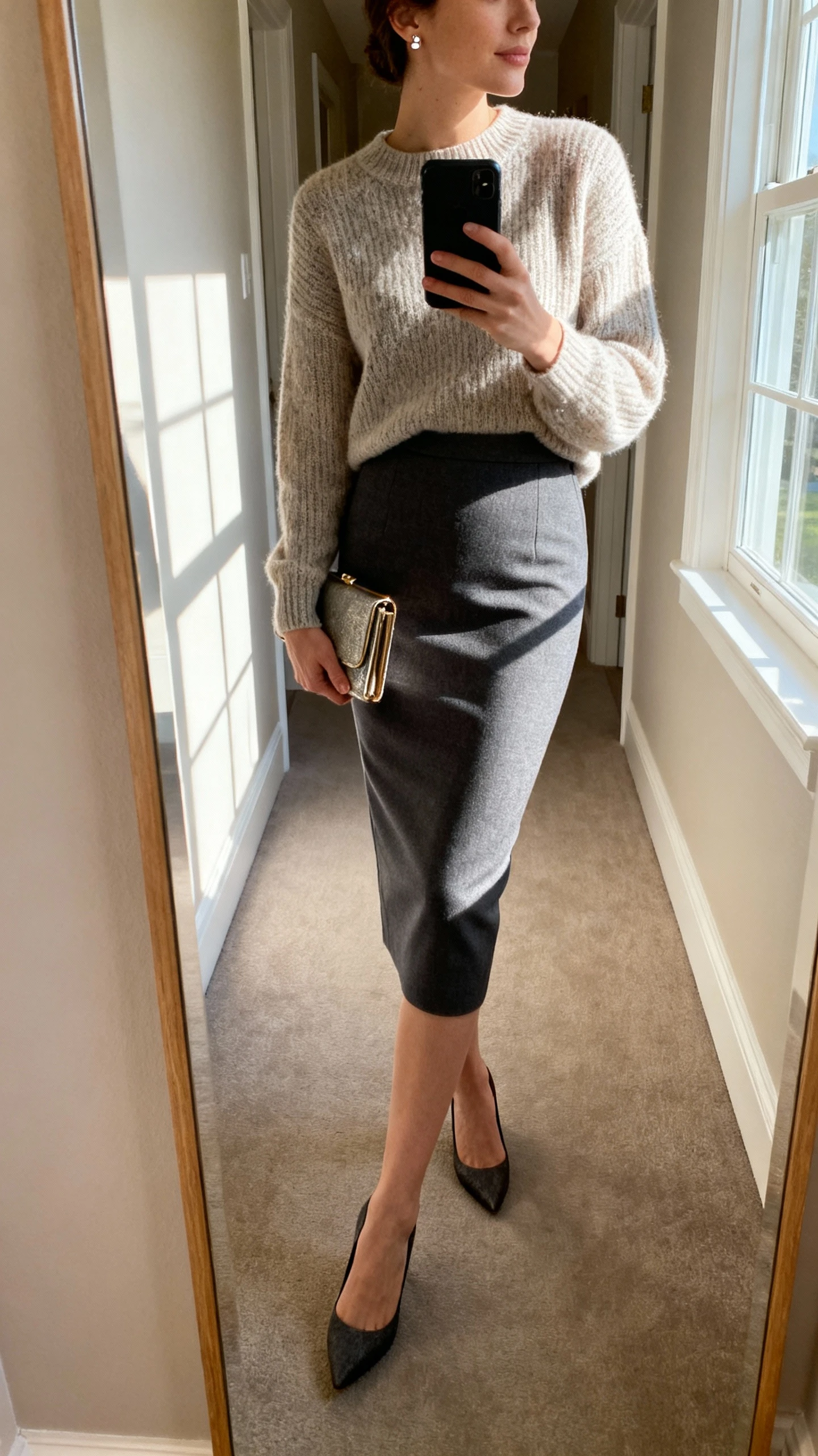Side-angle iPhone mirror selfie of a woman wearing an elegant pencil skirt with a soft knit sweater, minimal stud earrings, low heels, and a compact clutch; face not visible, cropped at shoulders, hallway mirror with natural window light, iPhone photo quality.