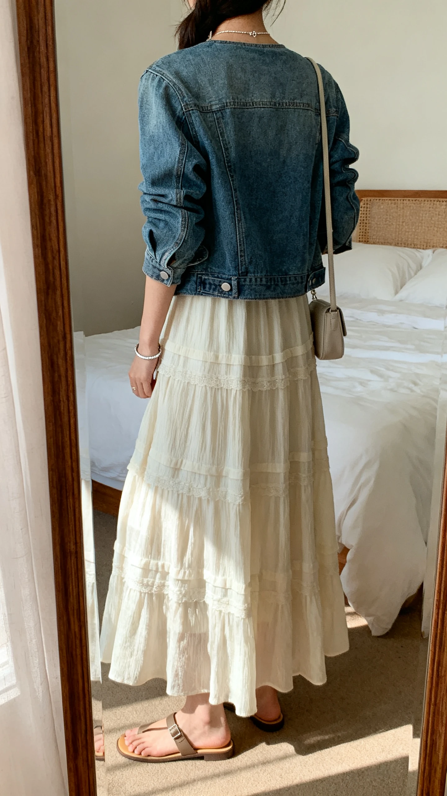 iPhone back view of a woman in a tiered maxi dress layered with a denim jacket, delicate shine from a slim bracelet and dainty necklace, flat sandals and a small shoulder bag, face not visible, bedroom mirror, soft afternoon light, iPhone photo quality.