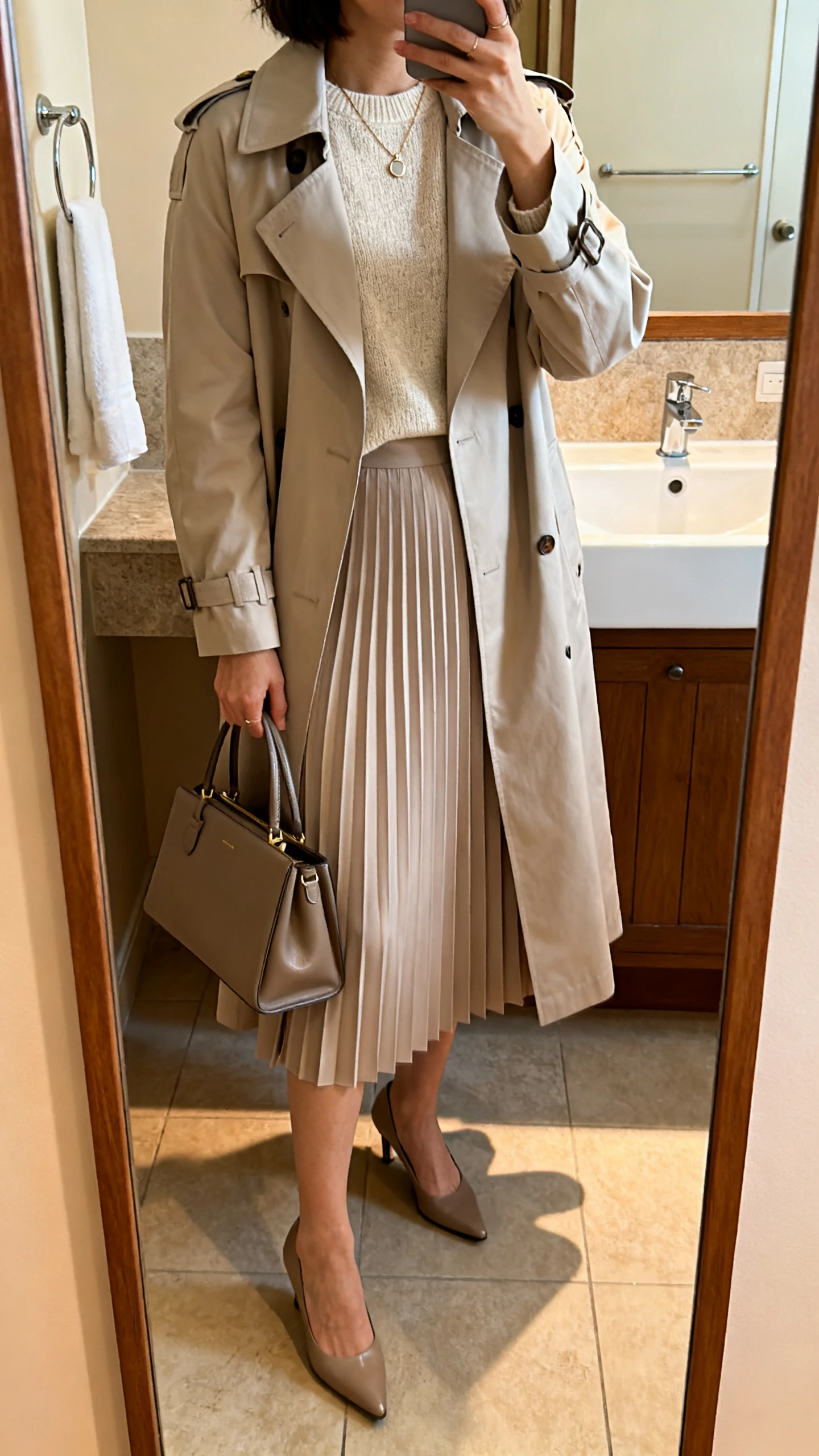 iPhone mirror selfie of a woman in a soft trench coat over a lightweight knit top and a perfect pleated midi skirt, paired with classic low heels and a structured tote, minimal pendant necklace, face not visible, bathroom full-length mirror, warm indoor lighting, iPhone photo quality.