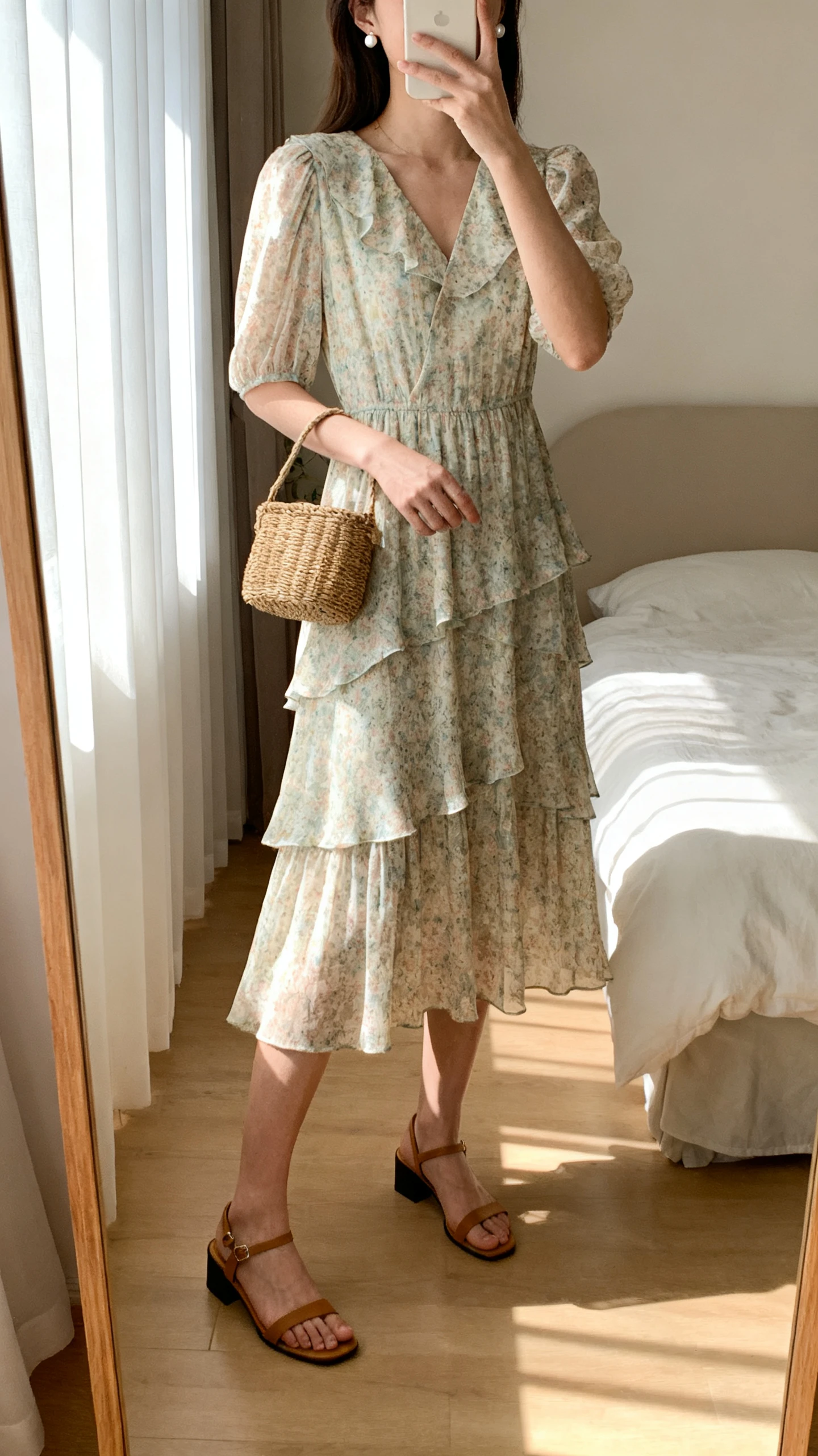 iPhone mirror selfie of a woman wearing a garden-party midi dress with graceful layered tiers, delicate sleeves, and low block-heel sandals, carrying a small woven handbag and simple stud earrings, face not visible, cropped at neck, bedroom mirror with morning window light, iPhone photo quality.