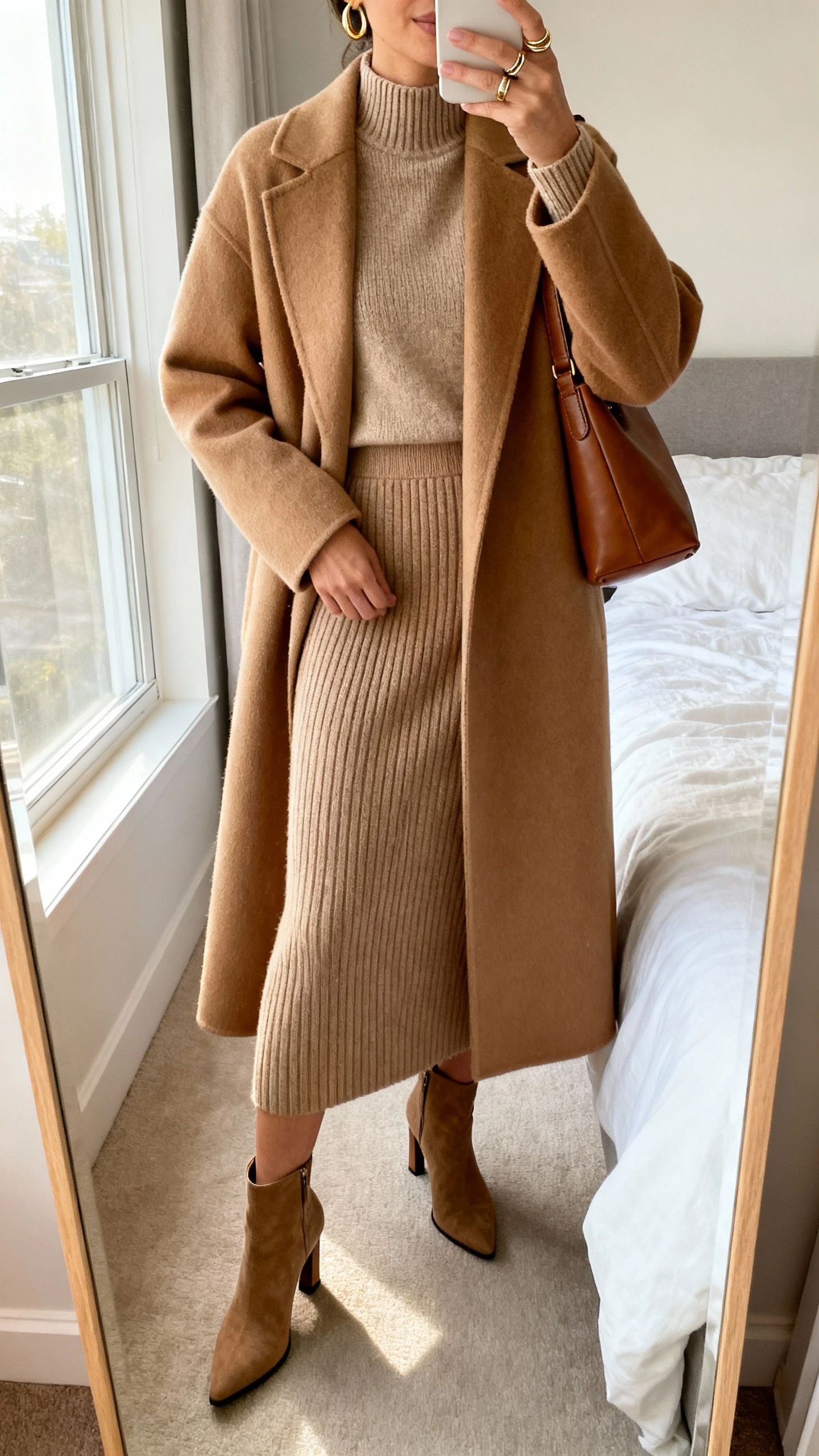 iPhone mirror selfie of a woman wearing a matching ribbed knit midi skirt and fine-gauge knit mock-neck top, long camel wool coat, heeled ankle boots, leather shoulder bag, subtle gold hoops and a stackable ring; face not visible, bedroom full-length mirror, soft afternoon window light, iPhone photo quality.