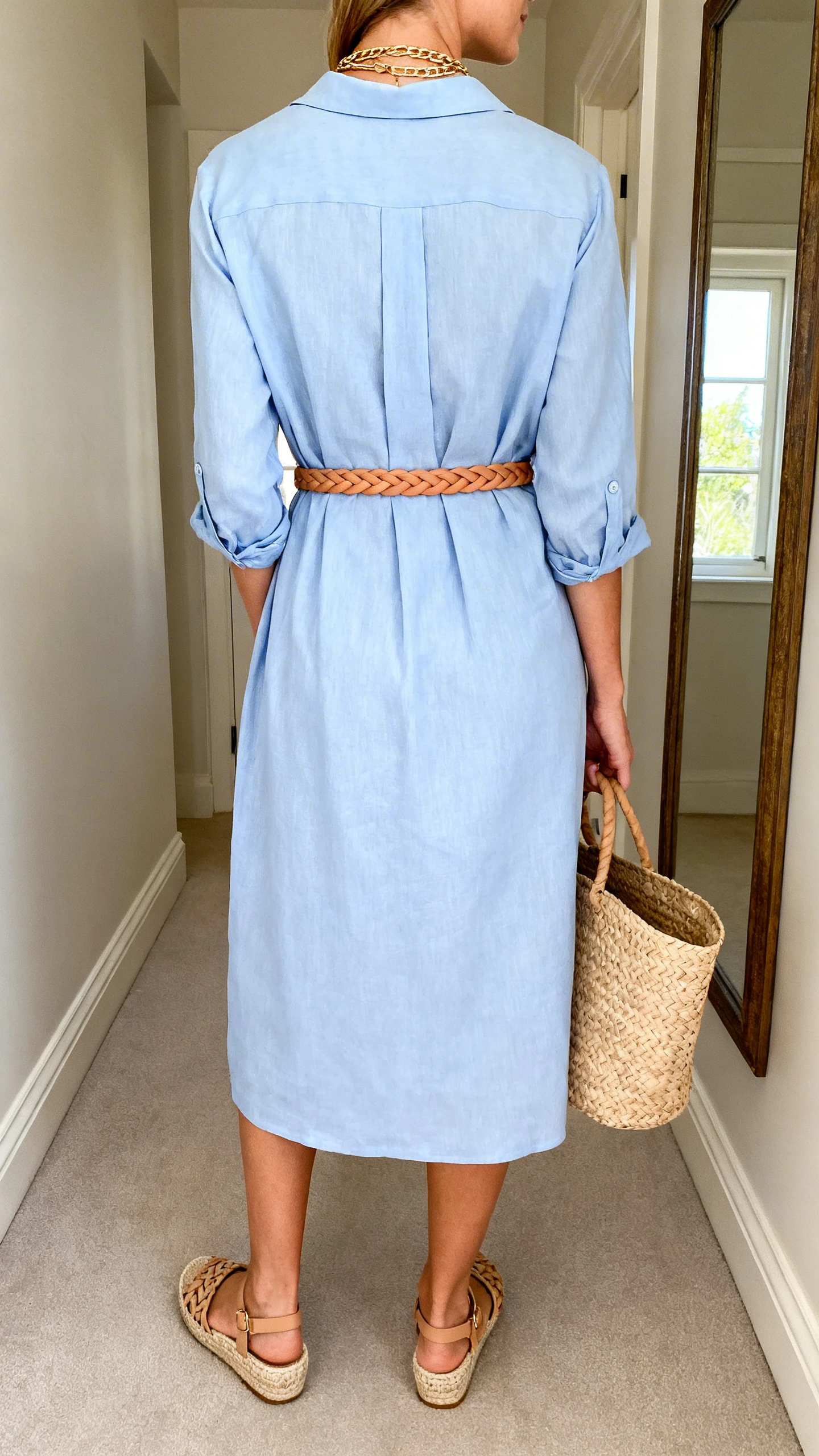 iPhone back view of a woman wearing a soft sky-blue Tencel shirt dress at midi length with a tan braided belt, woven espadrille wedges, a straw tote, and layered gold necklaces; face not visible, hallway mirror, natural daylight from window, casual iPhone photo.