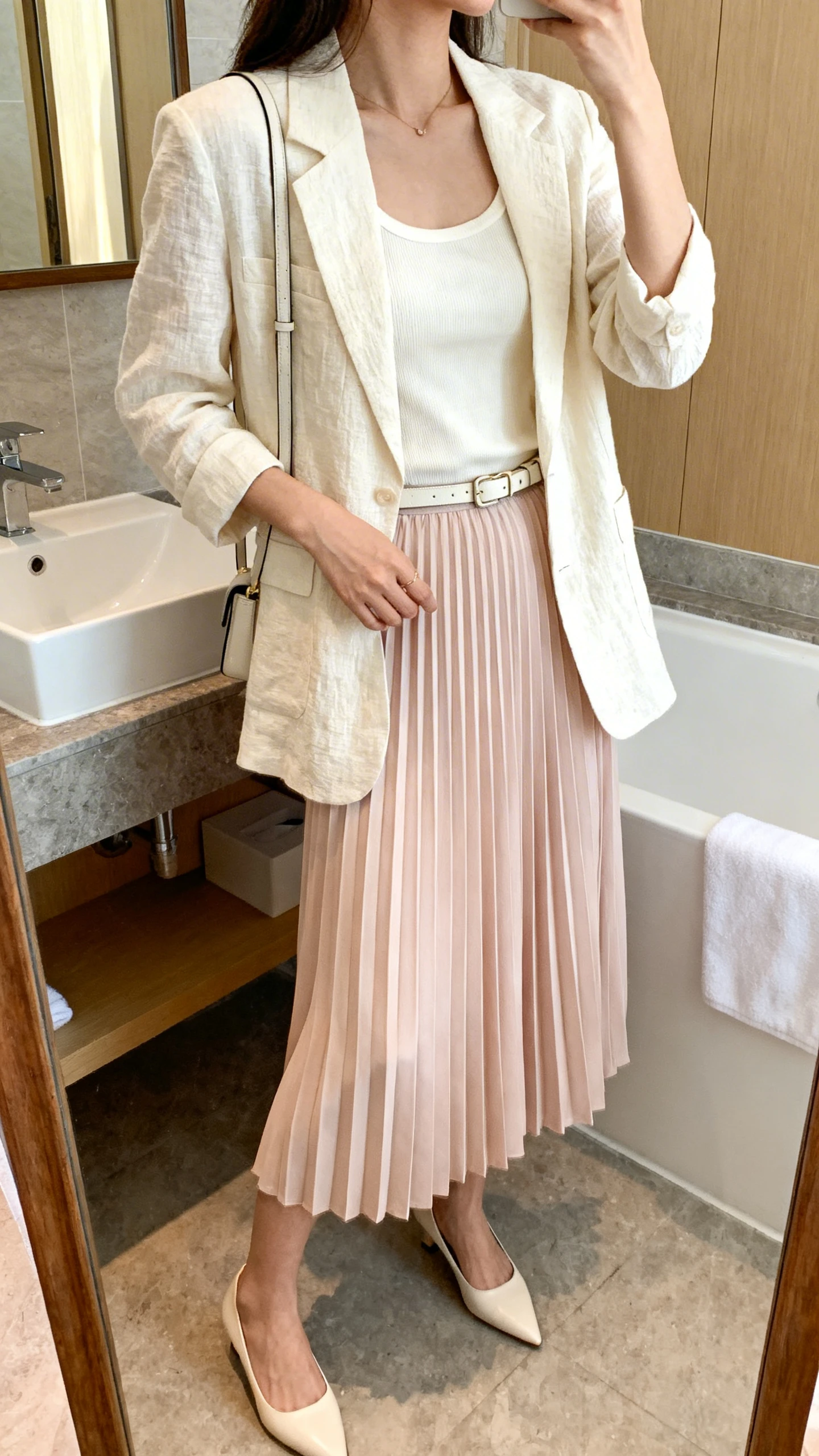 iPhone mirror selfie of a woman in a cream linen-blend blazer over an ivory fitted tank, pastel pleated midi skirt, pointed-toe kitten heels, a minimal belt, and a slim shoulder bag; face not visible, side angle, bathroom full-length mirror, indoor natural lighting, iPhone photo quality.