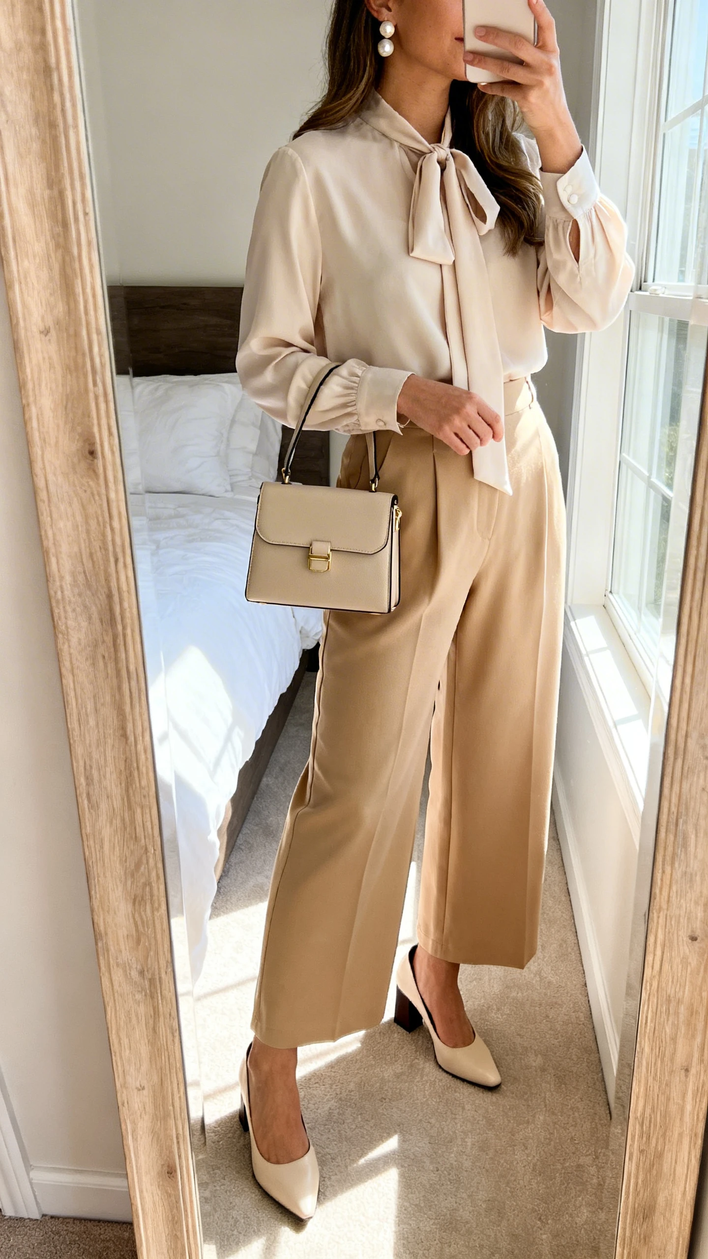 iPhone side-angle mirror selfie of a woman wearing sand wide-leg trousers with a feminine tie-neck blouse, closed-toe block-heel slingbacks, a structured mini tote, and pearl studs; face not visible, bedroom mirror, bright natural window light, iPhone photo quality.